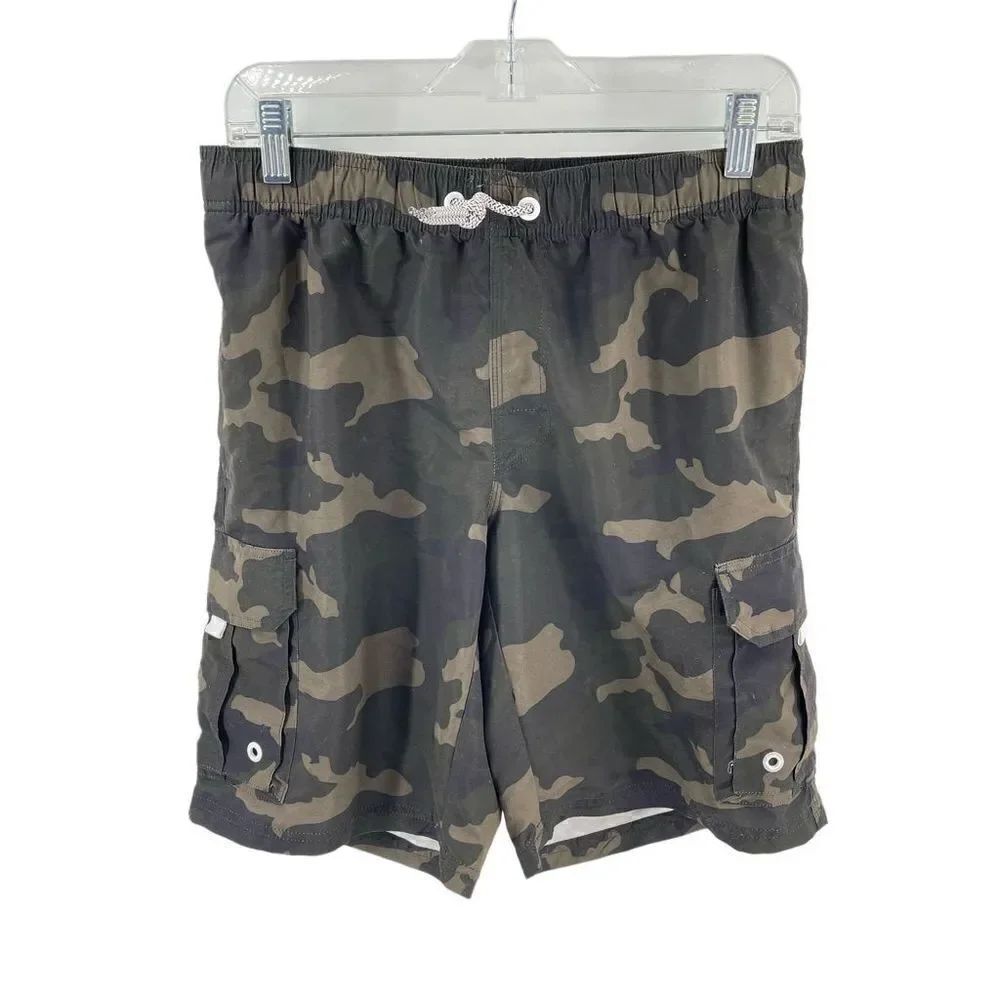 Mens swimsuit swim trunks small camo camouflage cargo pockets olive green elasti
